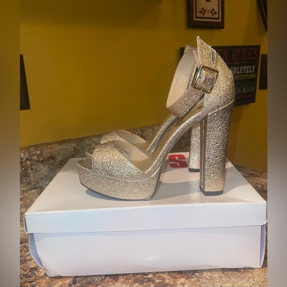 Shimmering Platform Gold Block Heel Sandals
